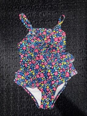 Cat & Jack Navy Floral Ruffle One-Piece Swimsuit with Pink & Yellow Flowers